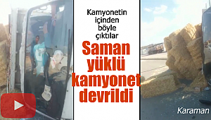 Saman yüklü kamyonet yol ortasına devrildi