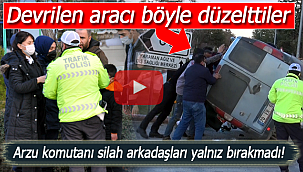 Devrilen hafif ticari aracı elleriyle düzelttiler